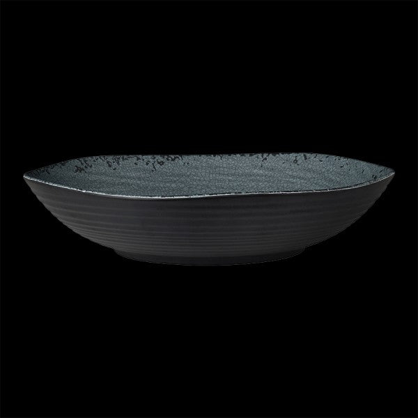 Schwarze, ovale Servierschale, leer.