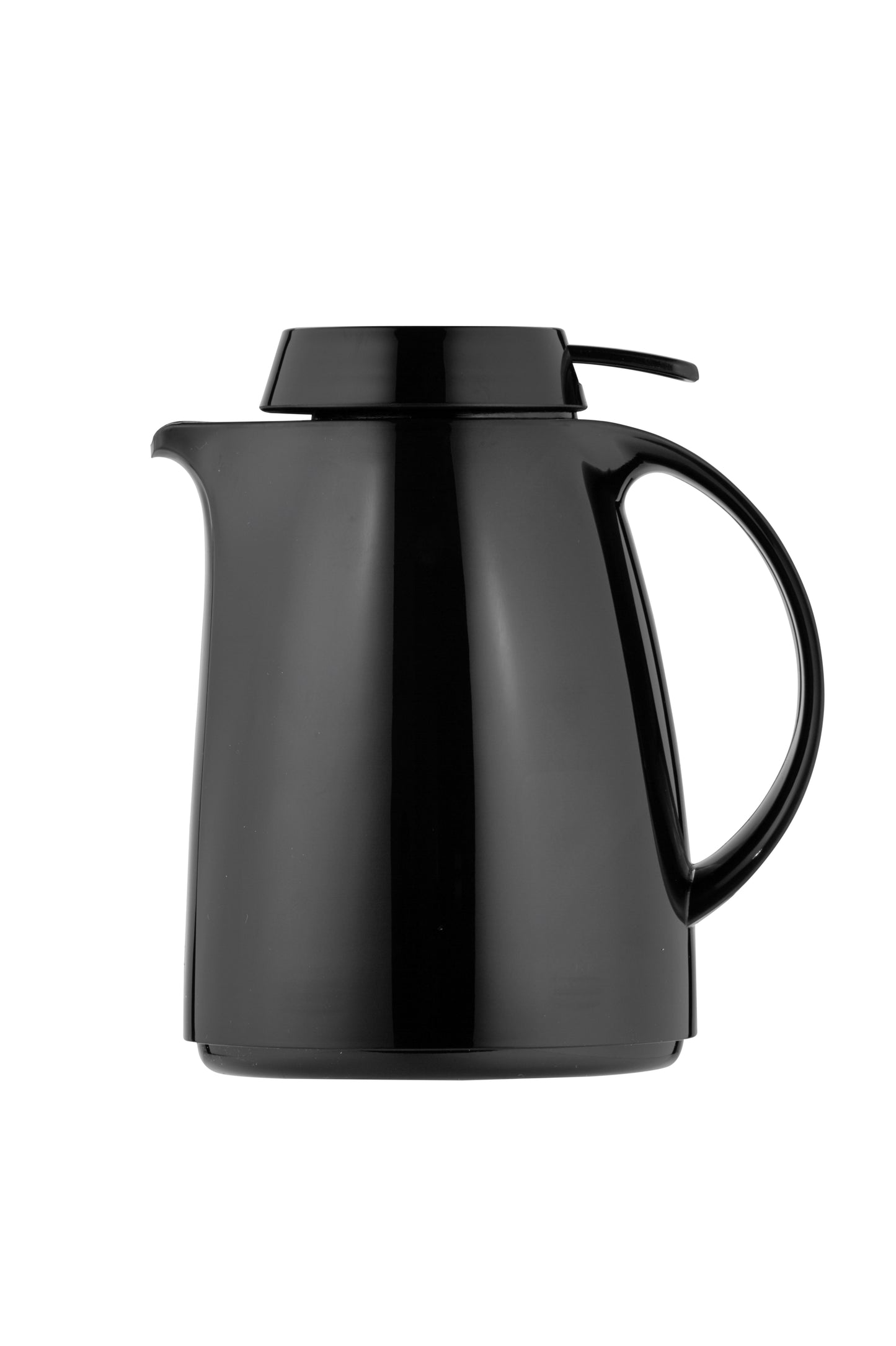 Schwarze Thermoskanne mit Henkel und Deckel.