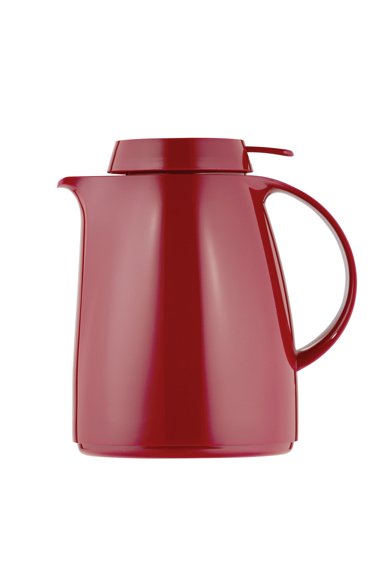 Rote Thermoskanne mit Deckel und Griff.