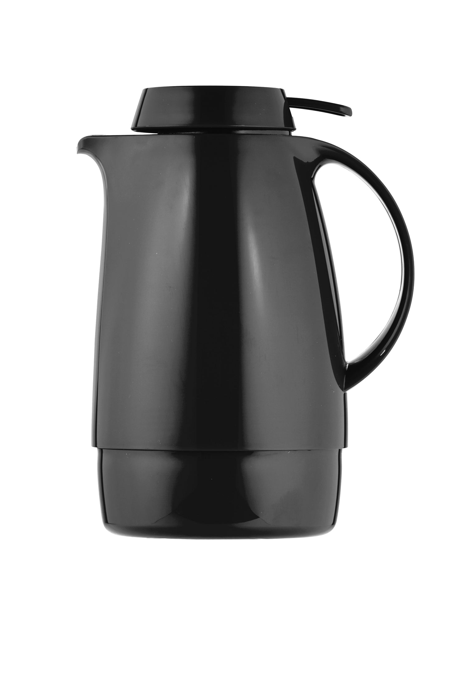Schwarze Thermoskanne mit Deckel und Griff.