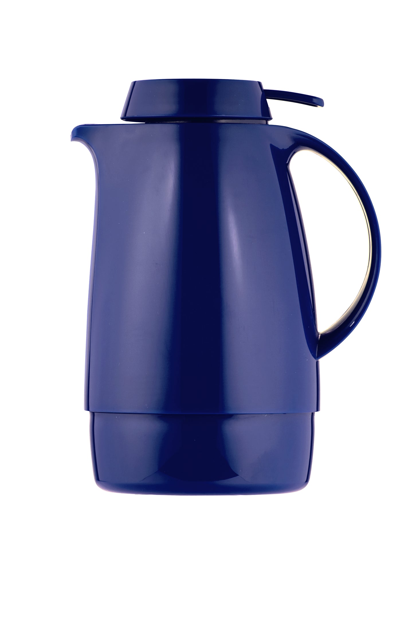 Blaue Thermoskanne mit Griff und Deckel.
