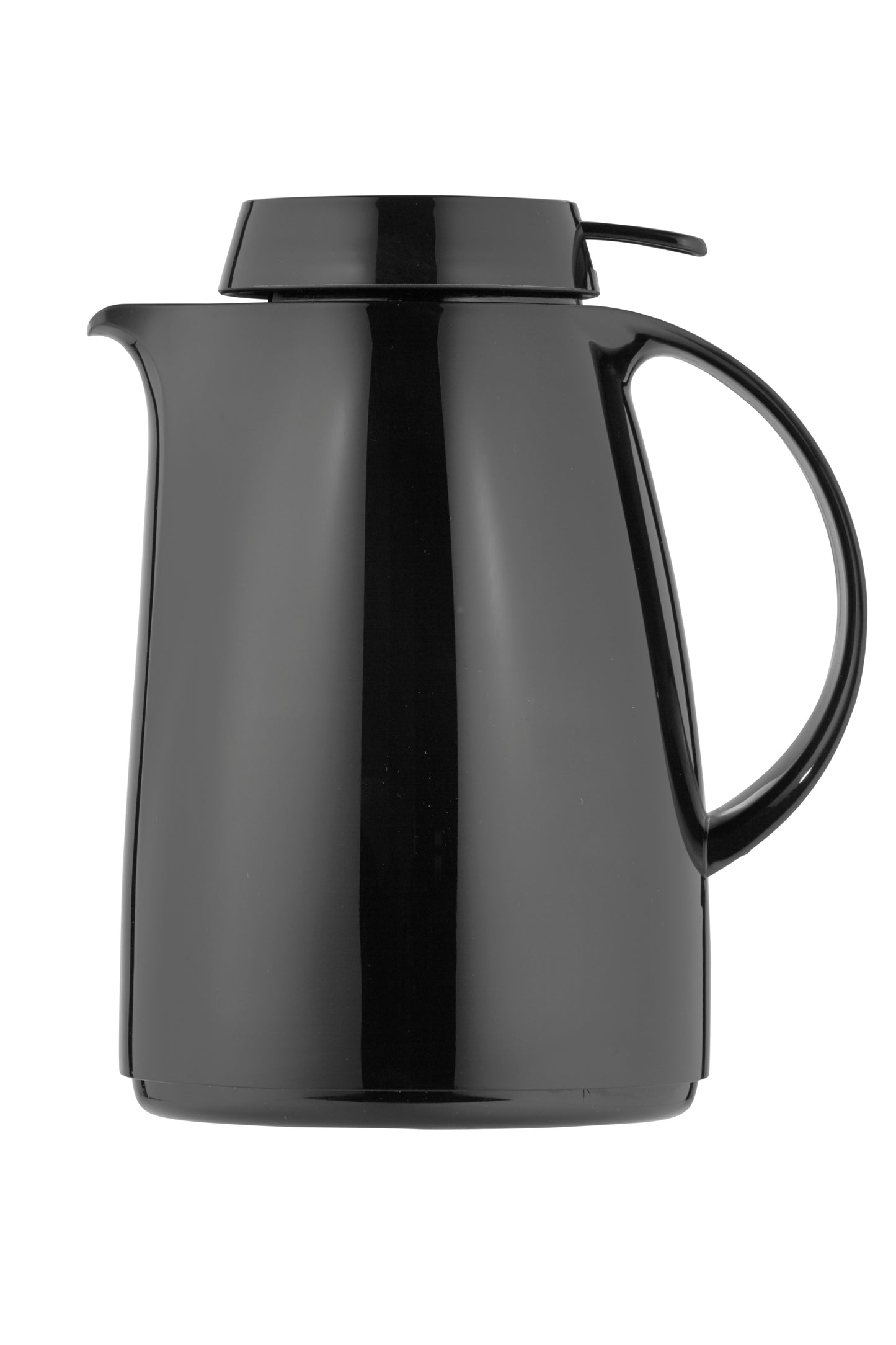 Schwarze Thermoskanne mit Deckel und Griff.