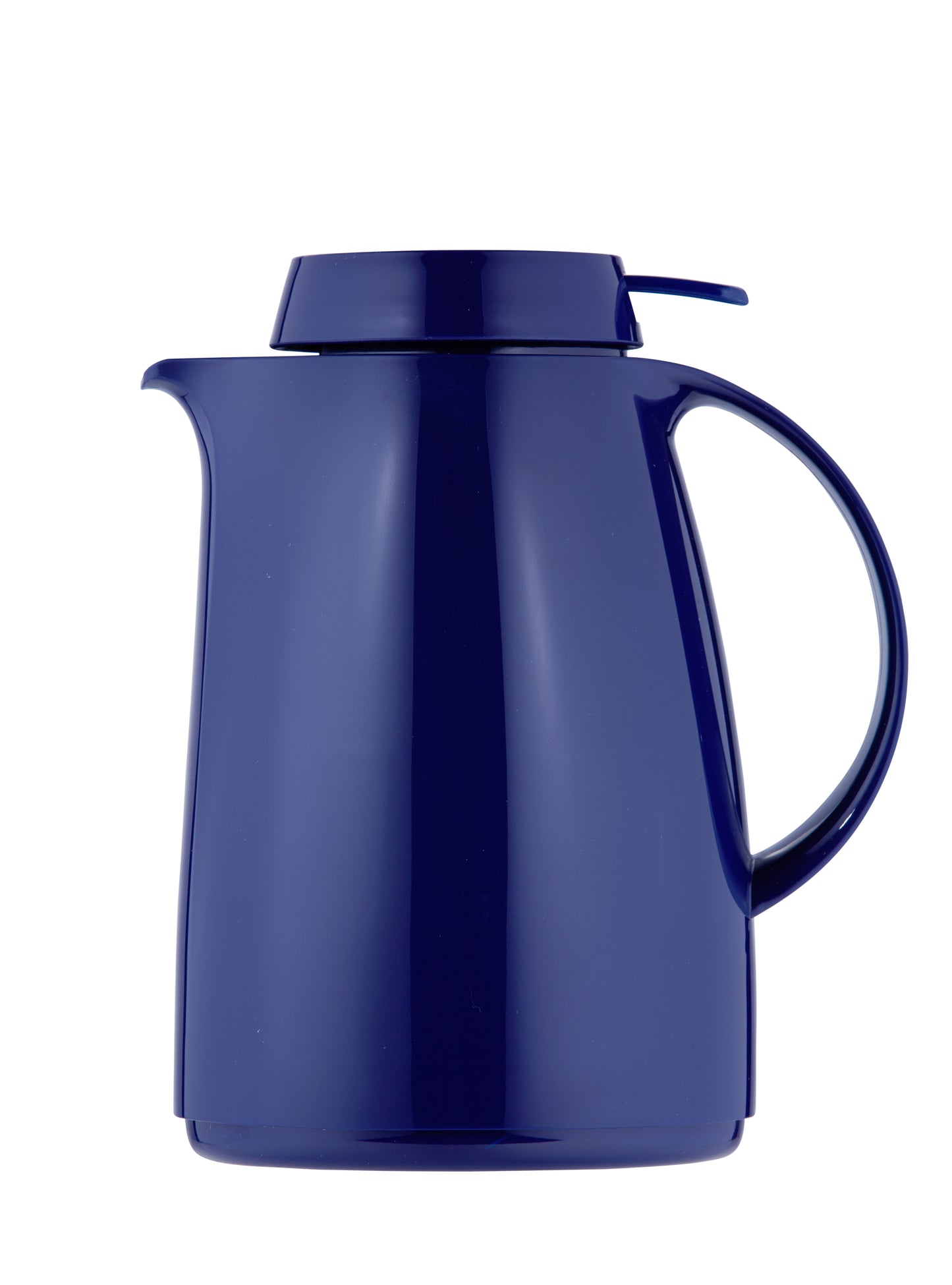 Blaue Thermoskanne mit Deckel und Griff.