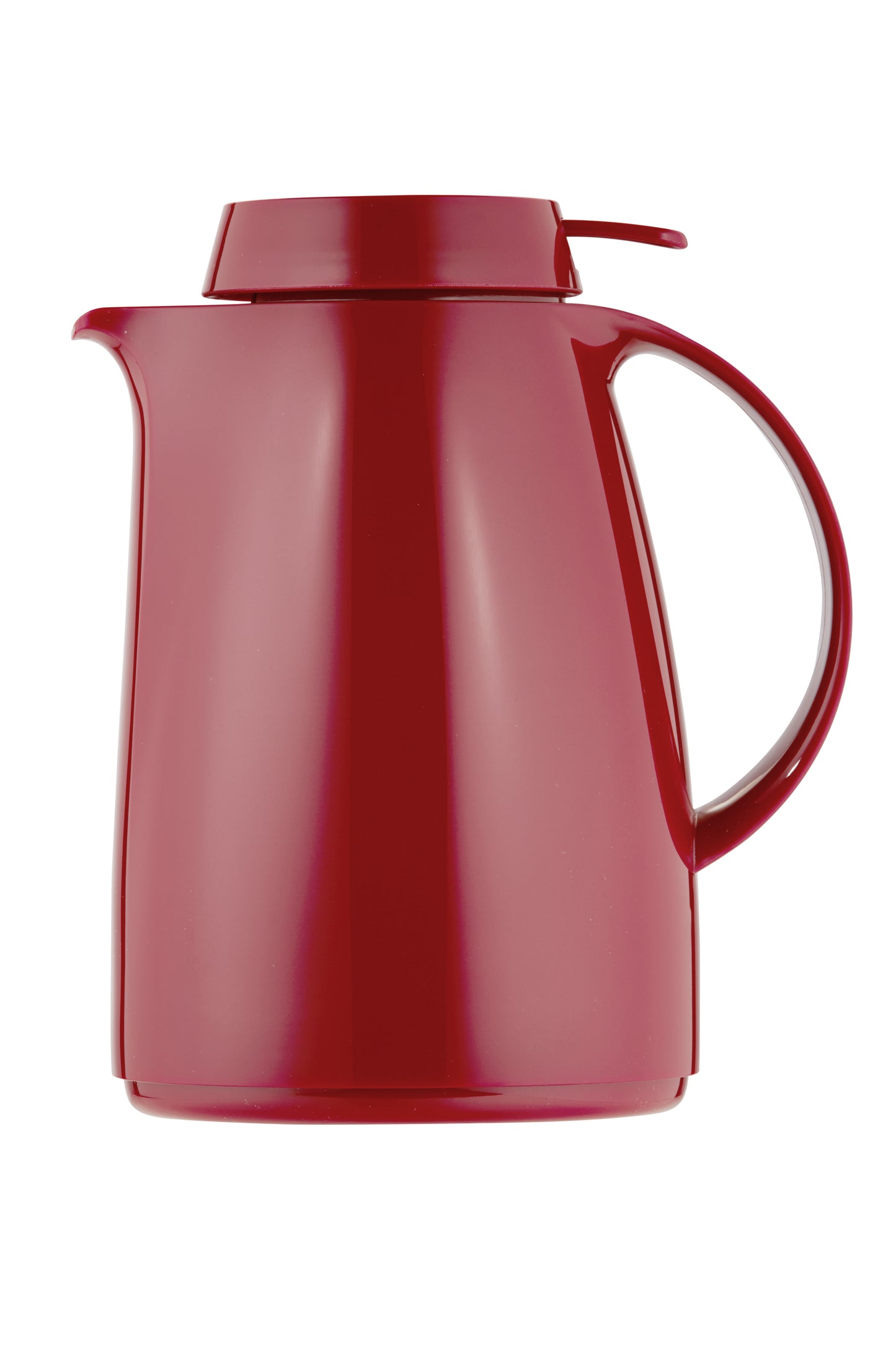 Rote Thermoskanne mit Deckel und Griff.