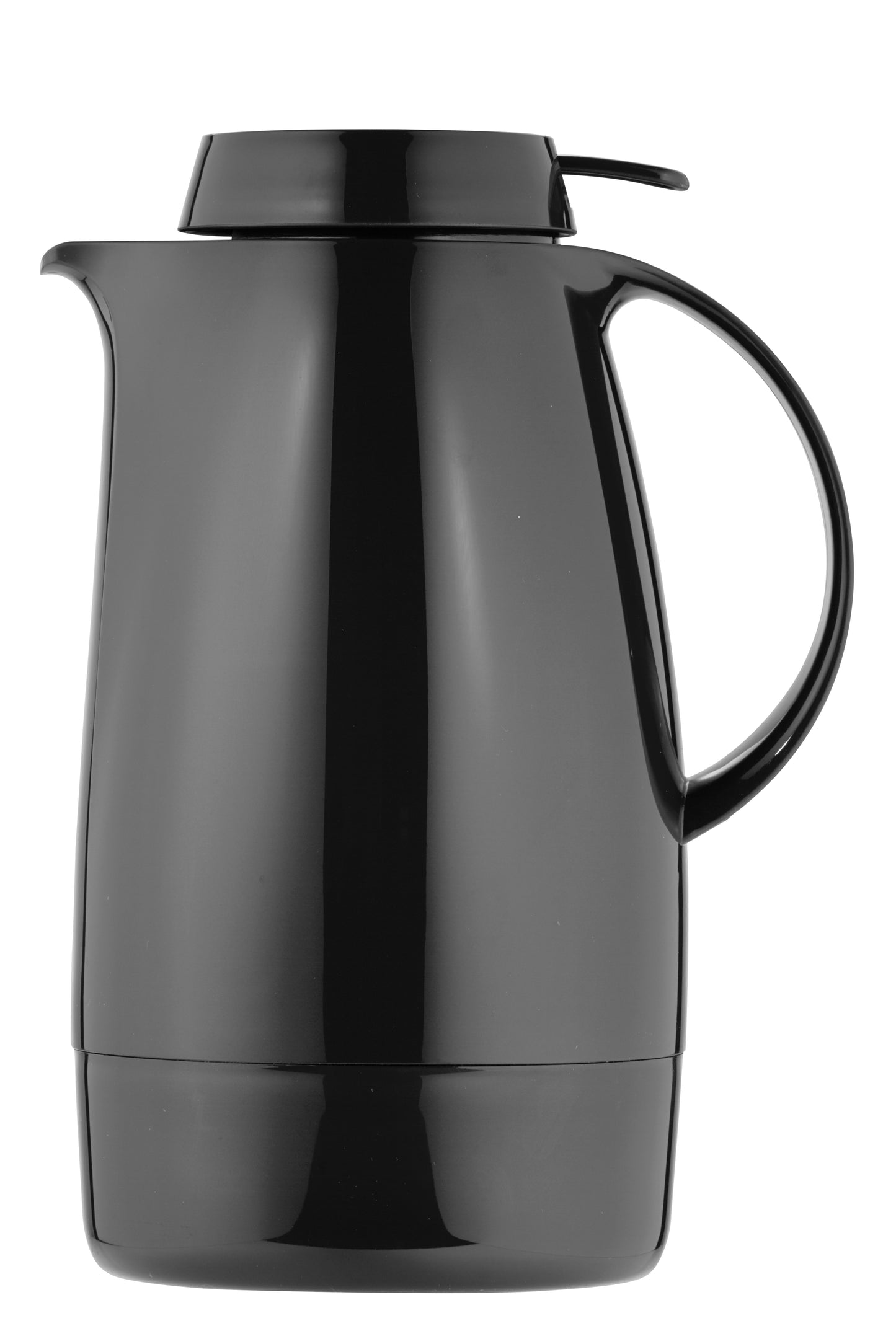 Schwarze Thermoskanne mit Griff und Deckel.