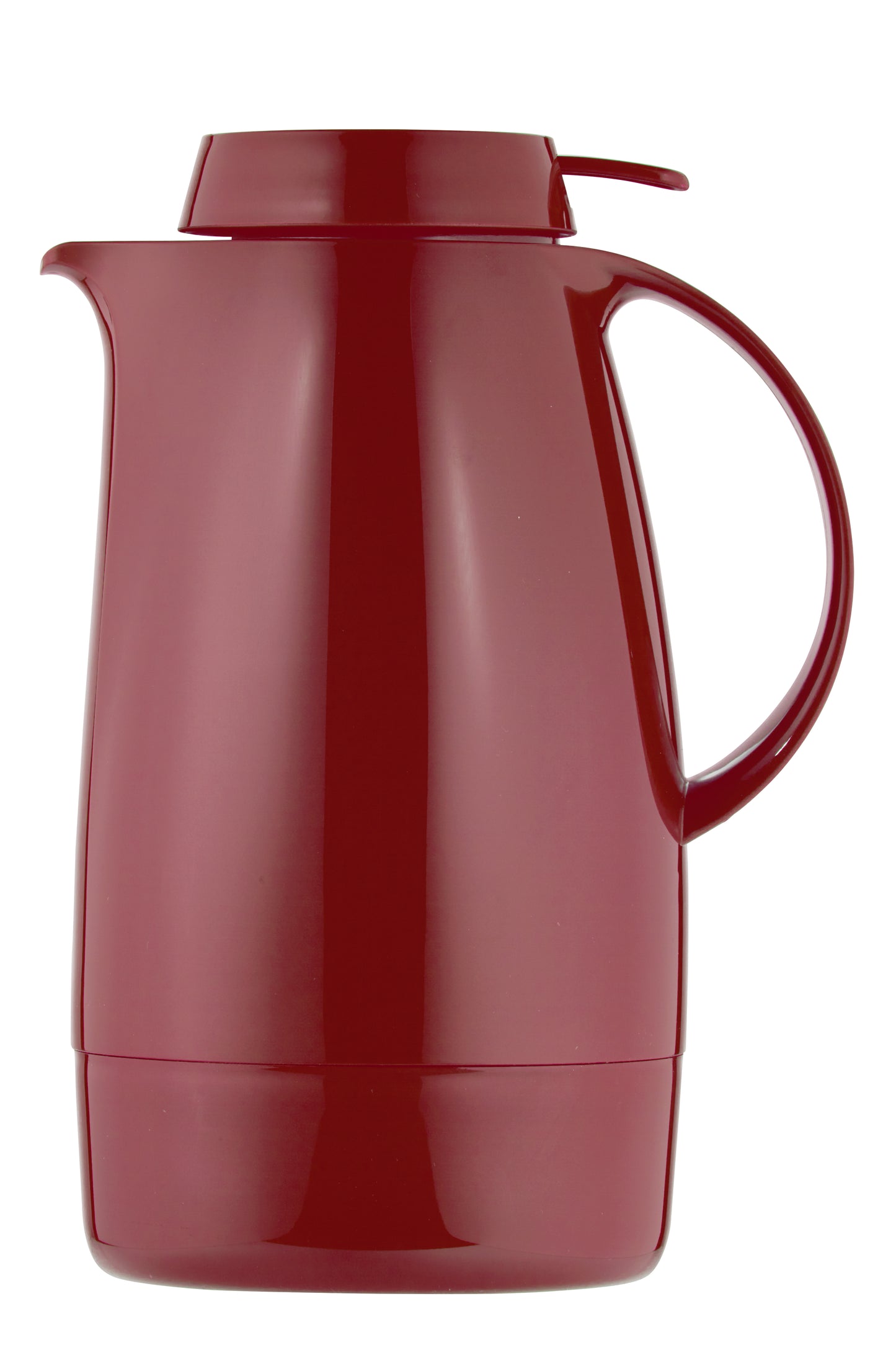 Rote Thermoskanne mit Henkel und Deckel.