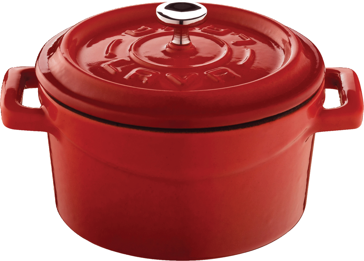 Roter Kochtopf mit Deckel.