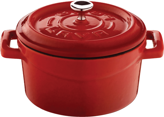 Roter Kochtopf mit Deckel.