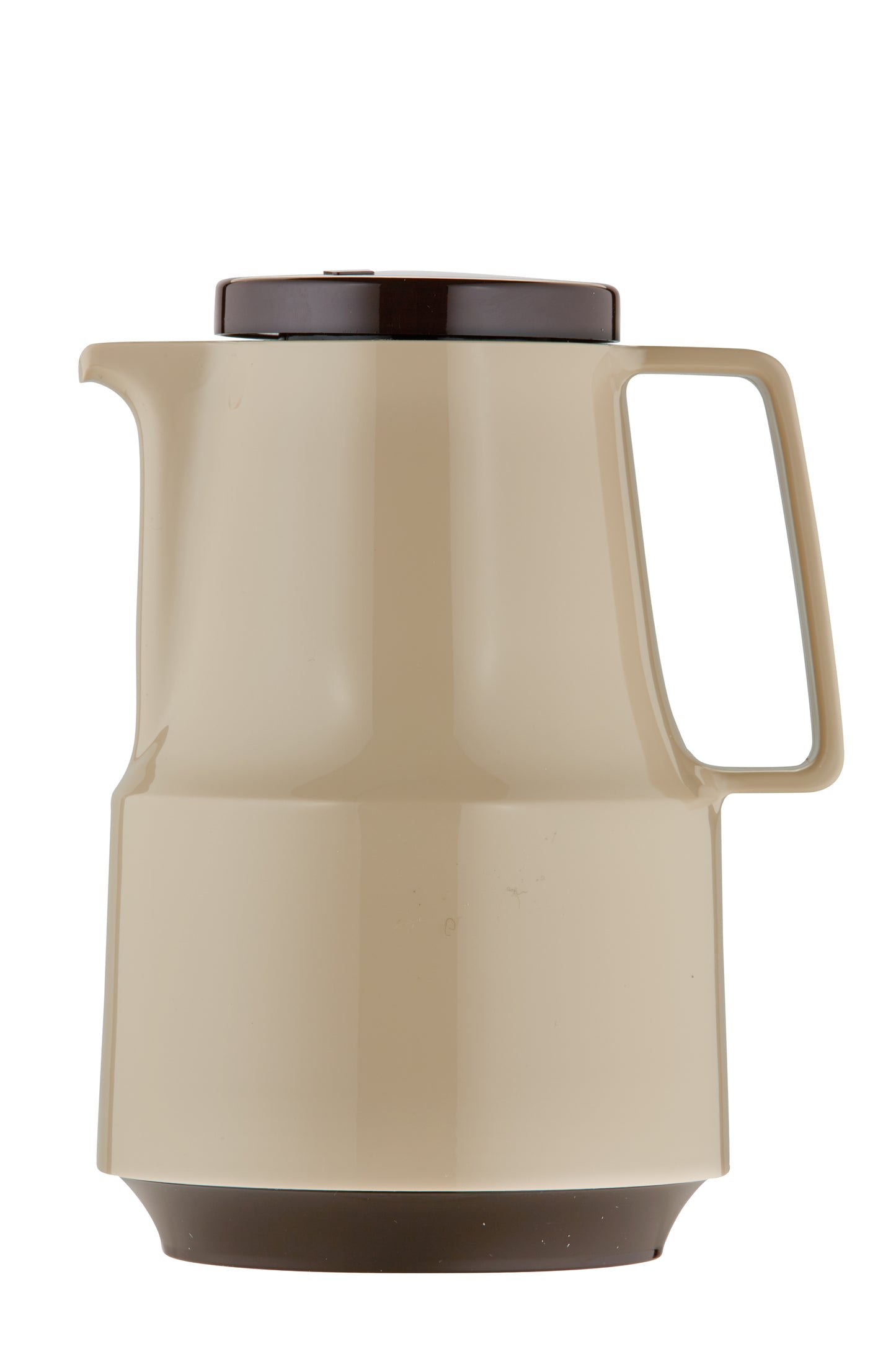 Beige Thermoskanne mit braunem Deckel.