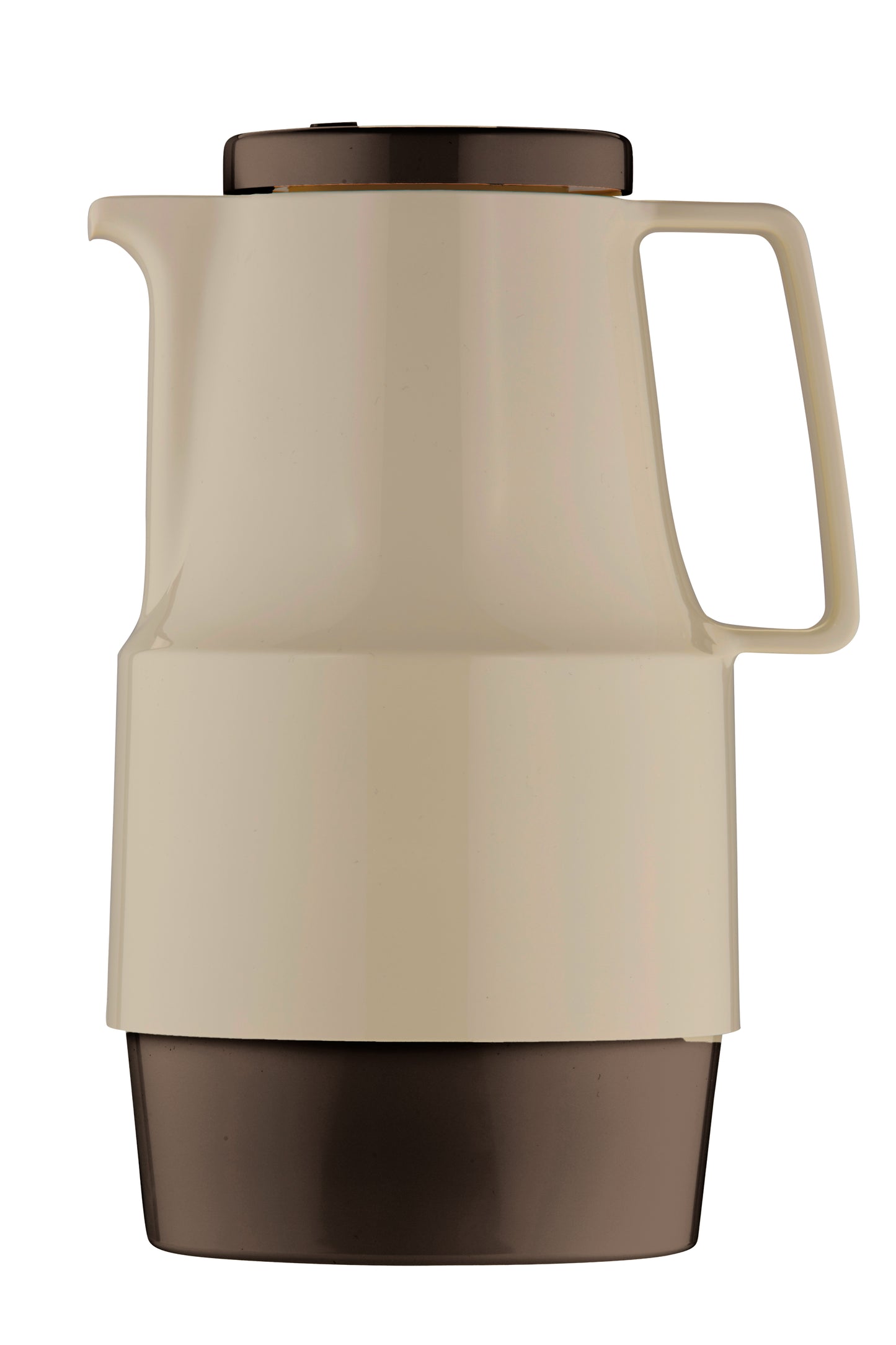 Beige Thermoskanne mit braunem Deckel und Boden.