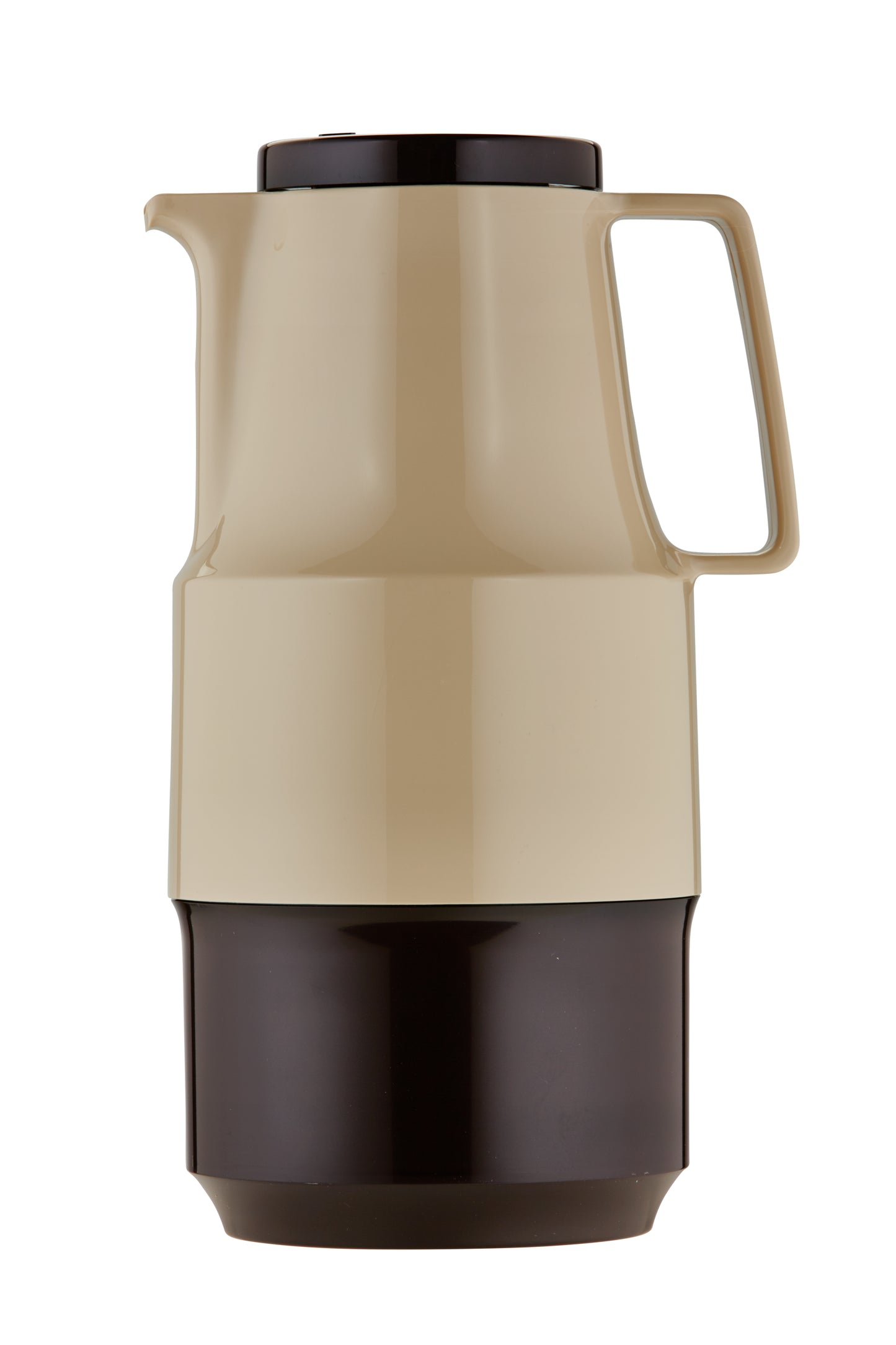 Beige Thermoskanne mit schwarzem Boden und Deckel.