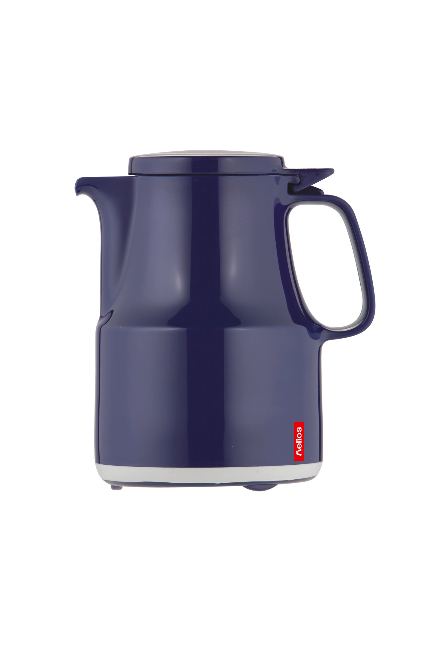 Blaue Thermoskanne mit Henkel und Deckel.
