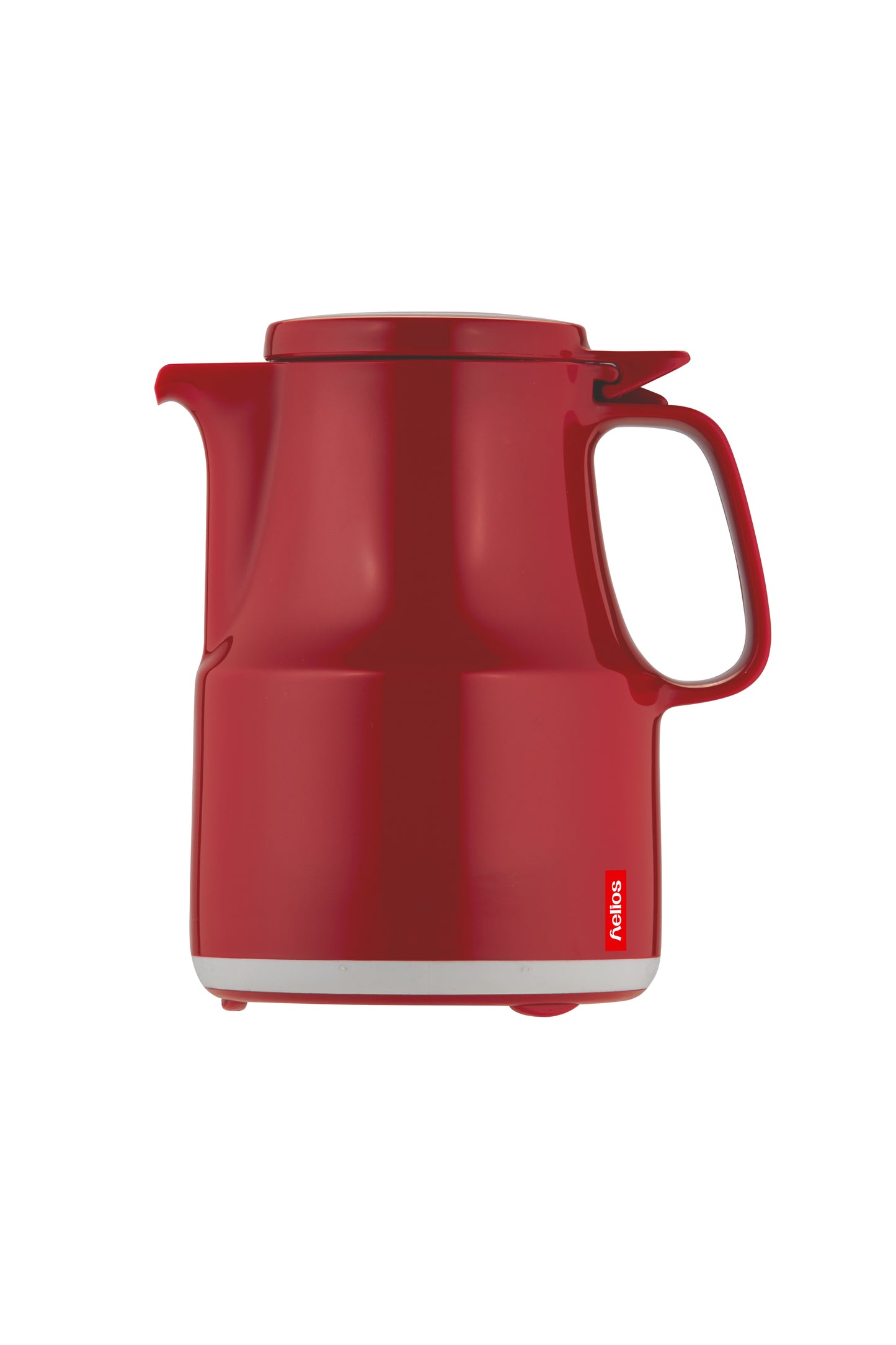 Roter Wasserkocher mit Henkel und Deckel.