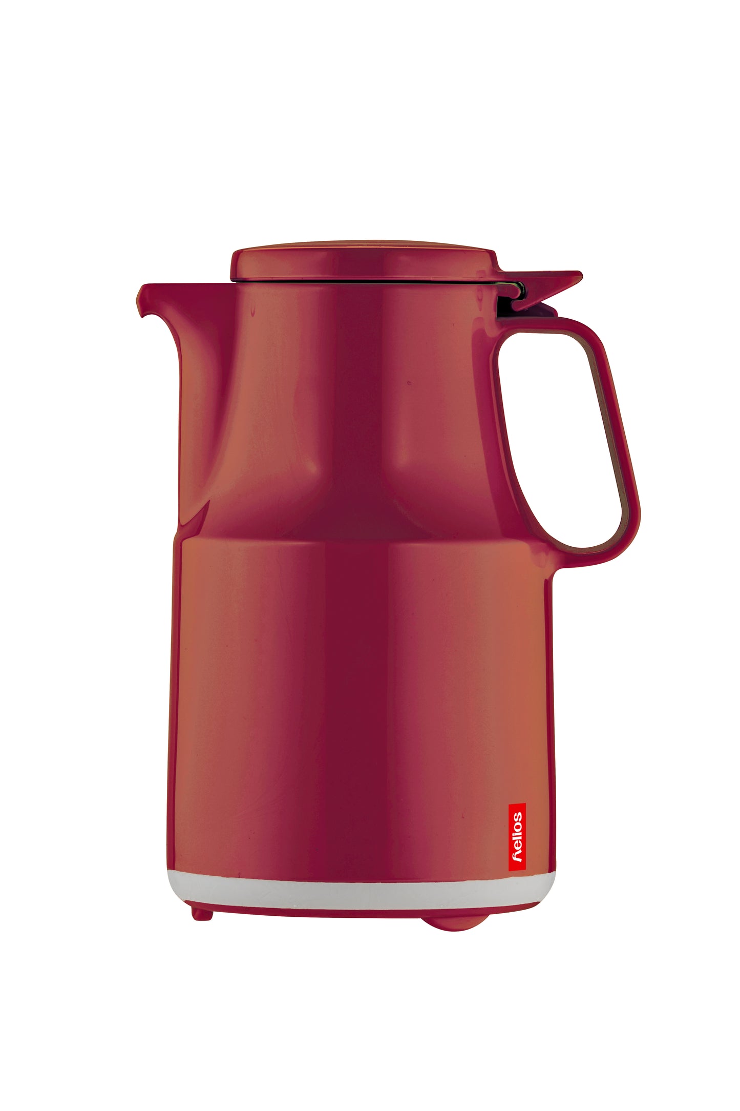 Rote Thermoskanne mit Henkel und Deckel.