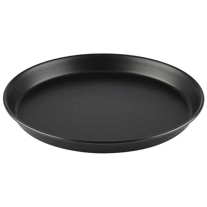 Schwarzes Tablett, runde Form, leer.