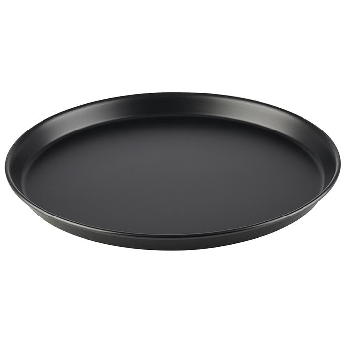 Schwarzes rundes Serviertablett aus Metall.
