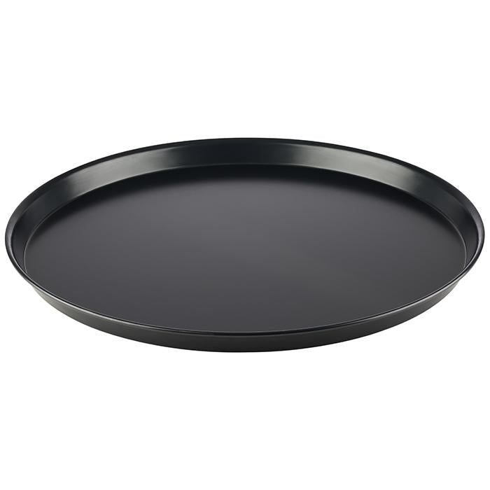 Schwarzes rundes Serviertablett aus Metall.