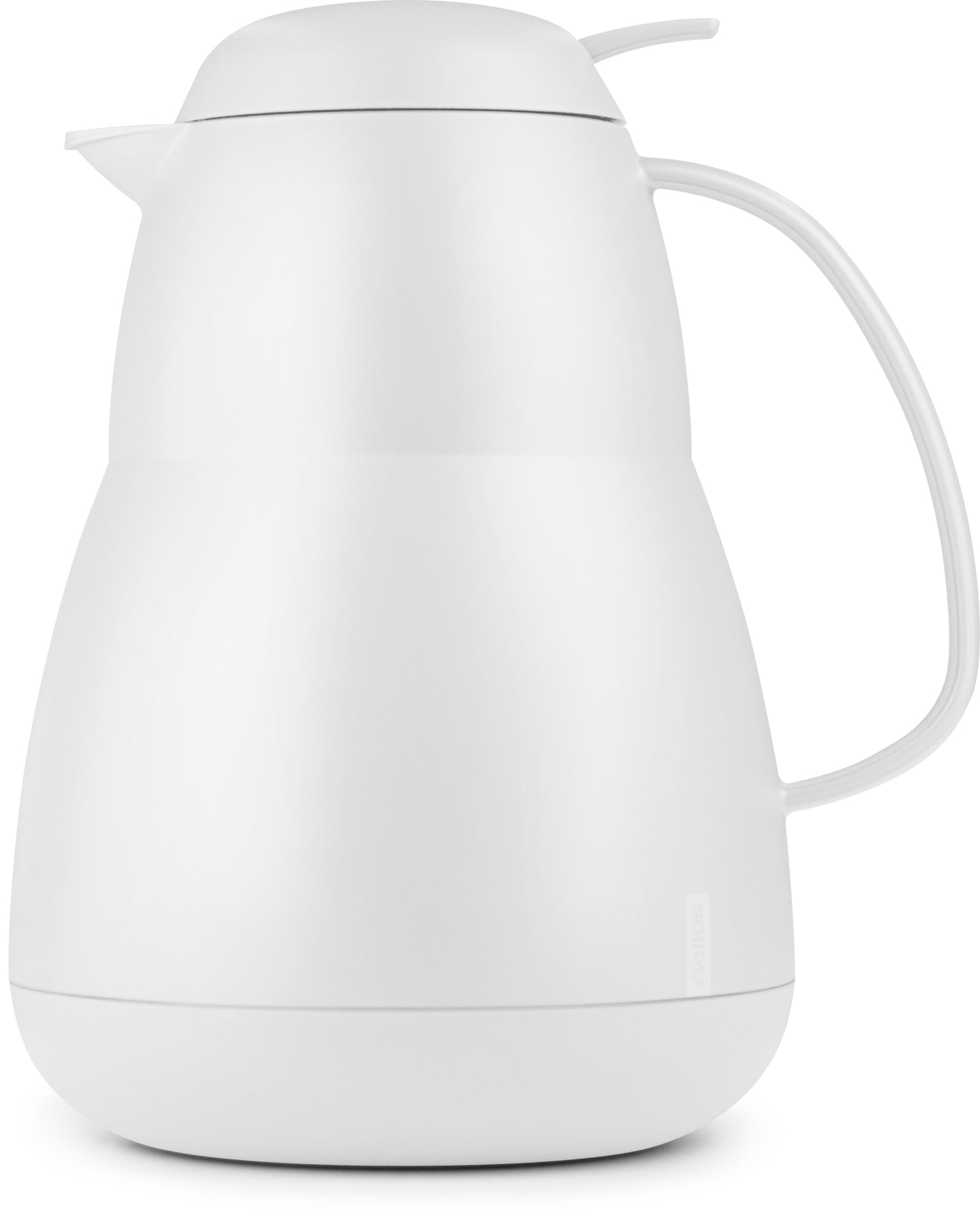 Weiße Thermoskanne mit Henkel und Ausguss.