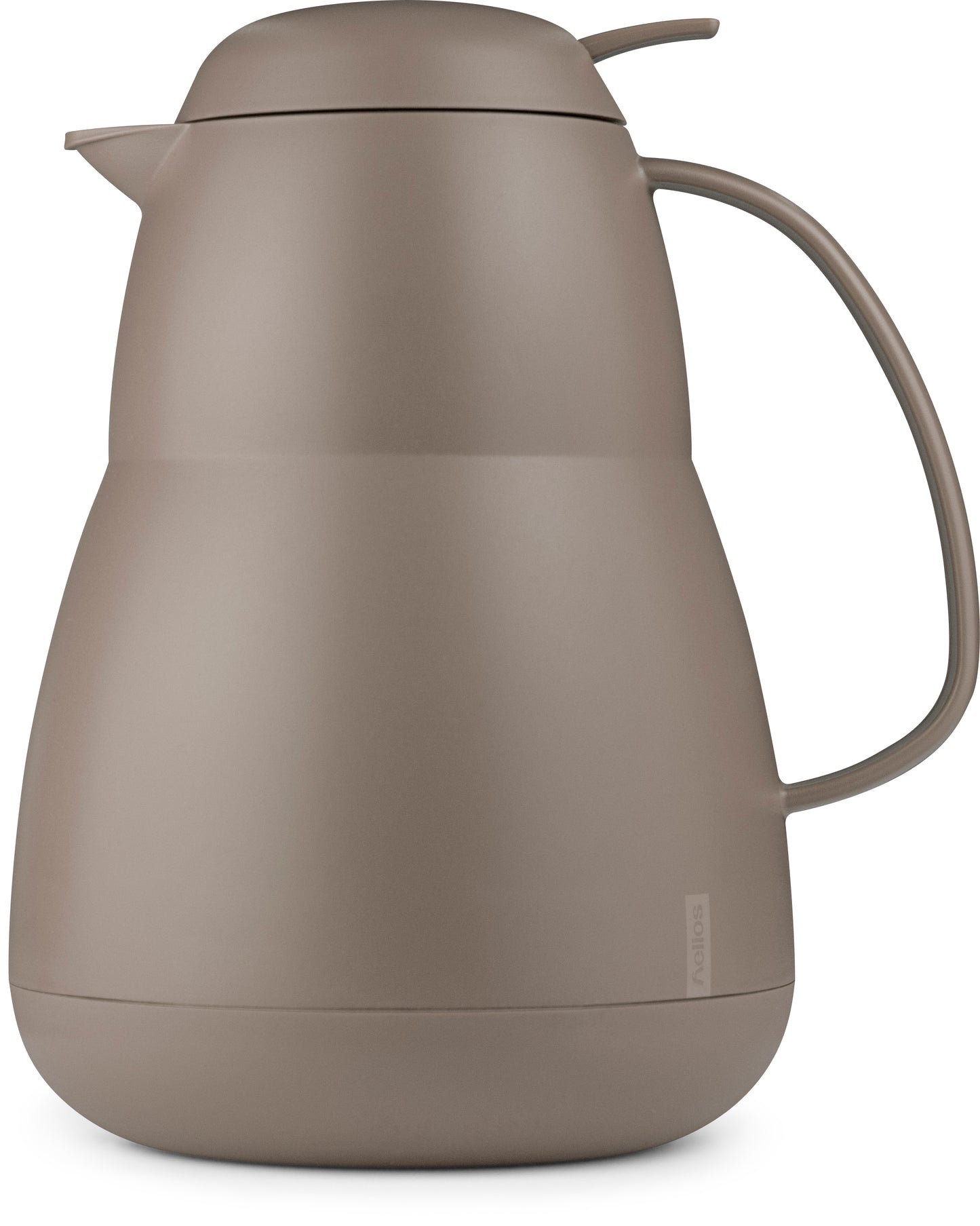 Braune Thermoskanne mit Griff und Deckel.