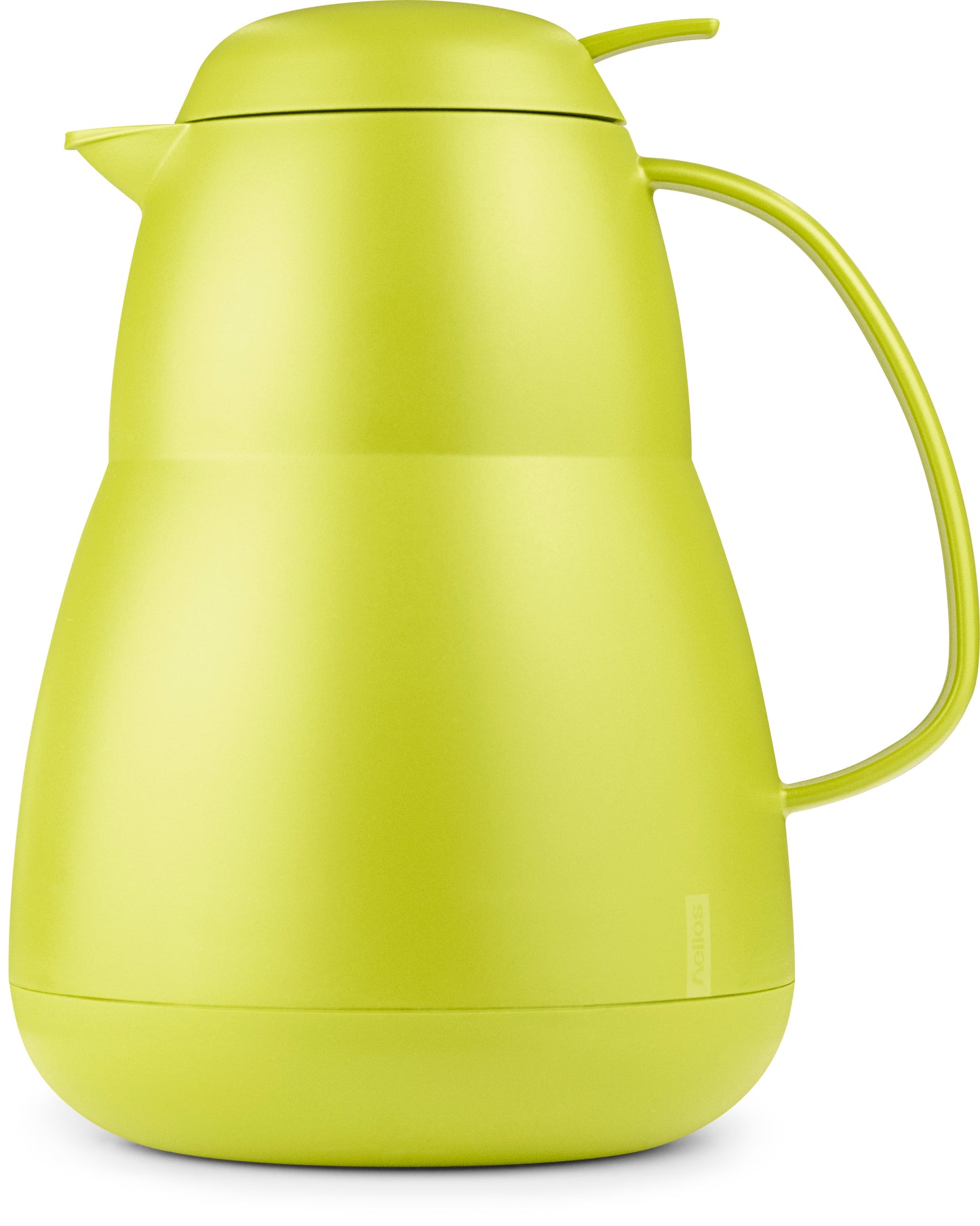 Grüne Thermoskanne mit Henkel und Deckel.