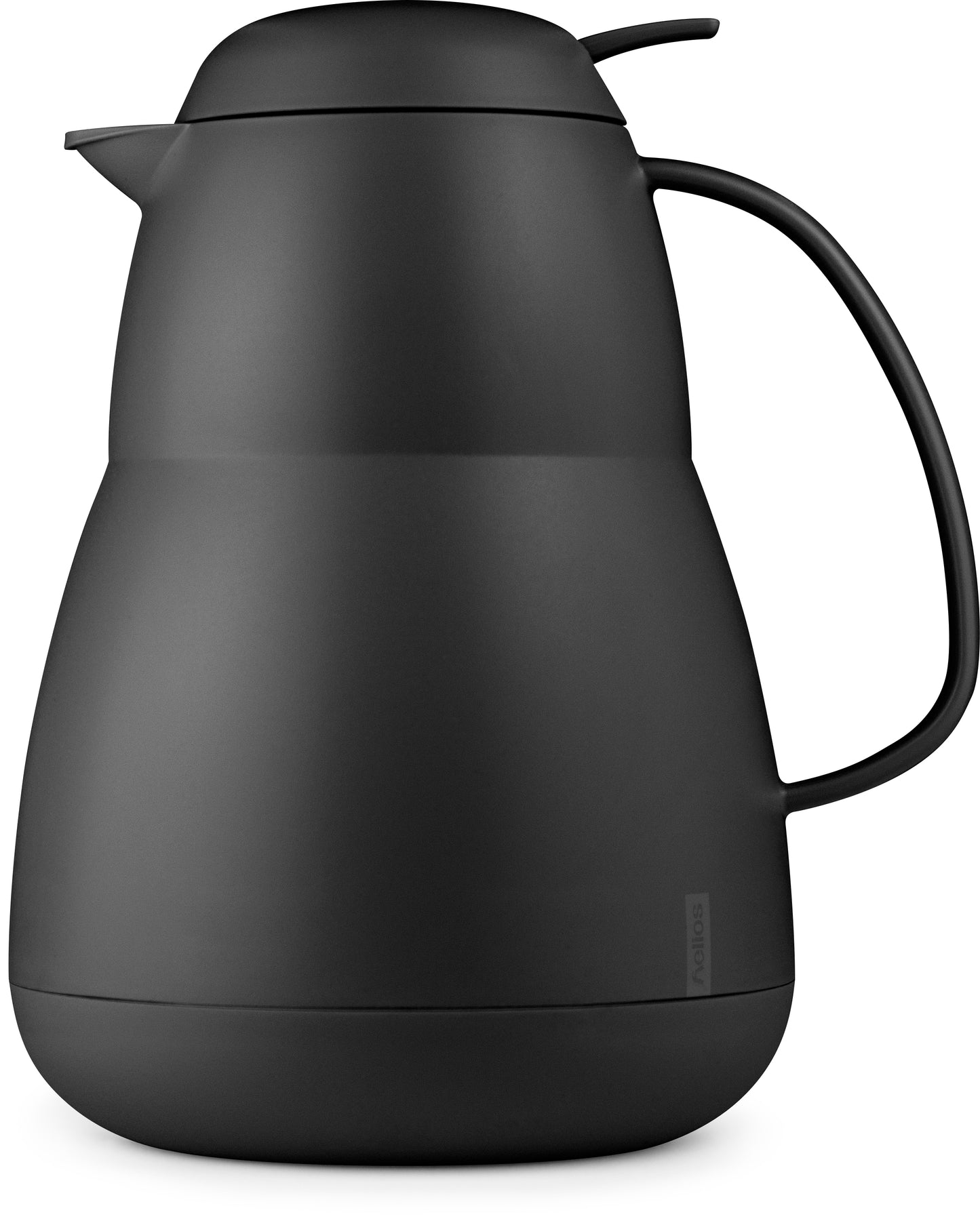 Schwarze Thermoskanne mit Henkel und Deckel.