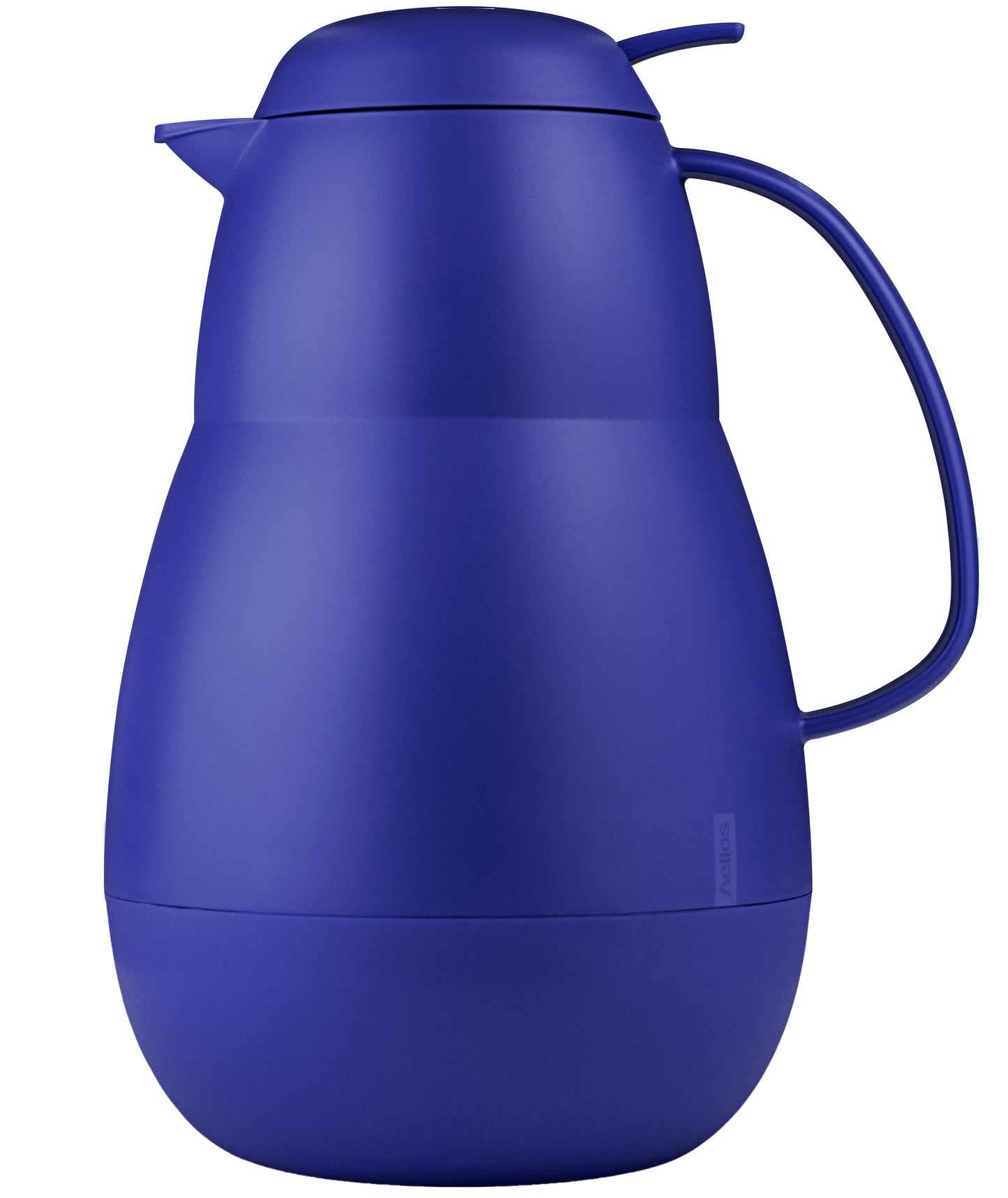 Blaue Thermoskanne mit Deckel und Griff.