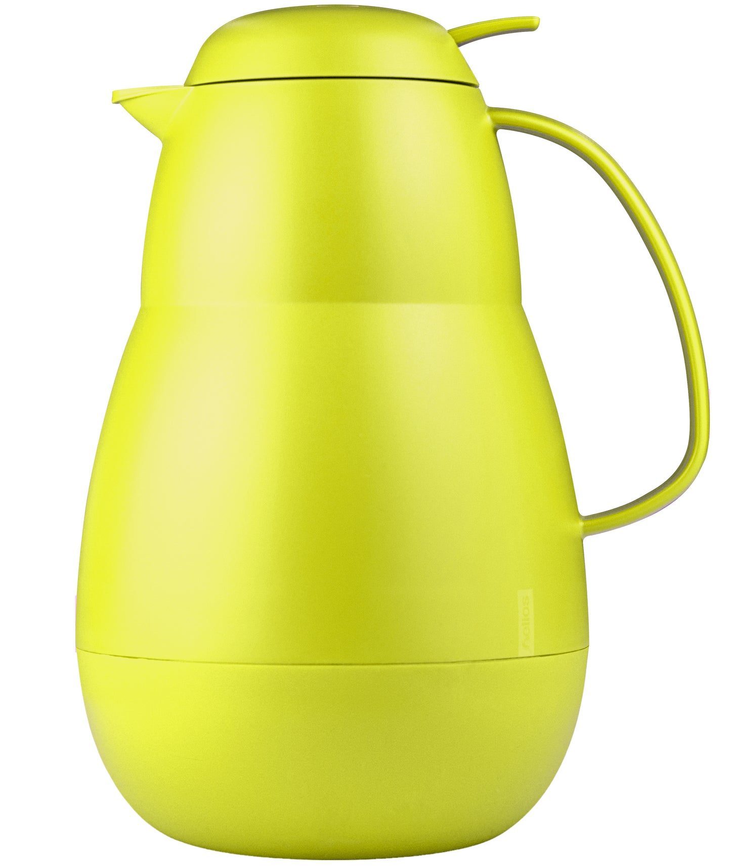 Grüne Thermoskanne mit Henkel und Deckel.