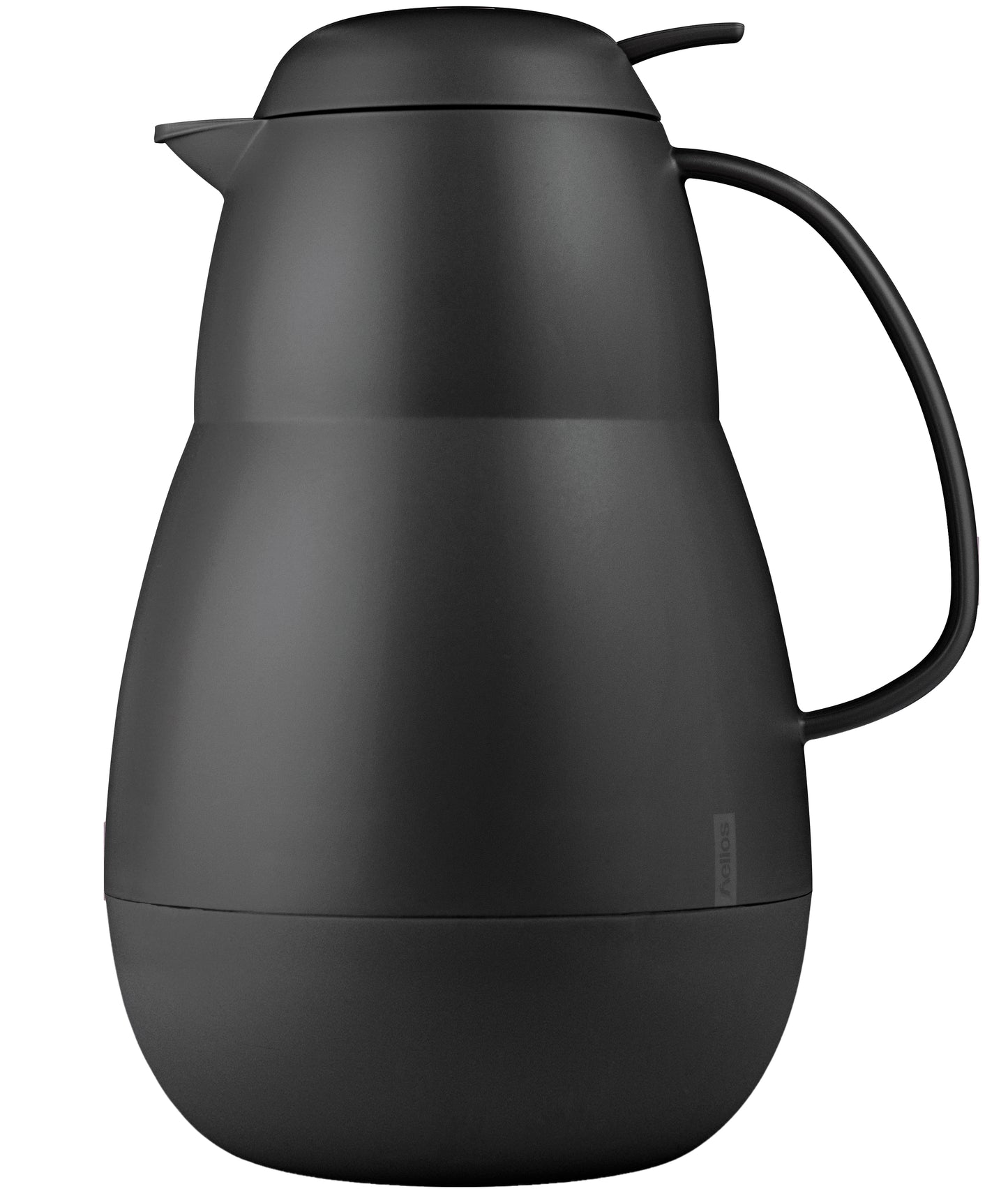 Schwarze Thermoskanne mit Griff und Deckel.