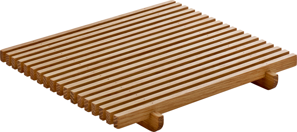 Holztablett mit Lamellenstruktur.