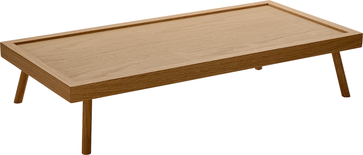 Holztablett auf Beinen, rechteckig.