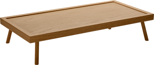 Holztablett auf Beinen, rechteckig.