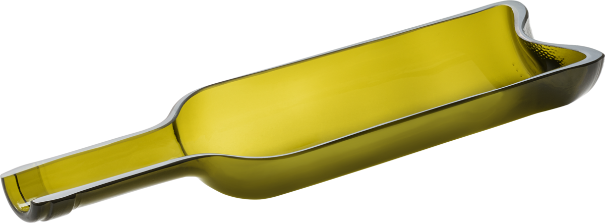Grüne Glasflasche, längs aufgeschnitten.