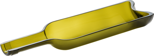 Grüne Glasflasche, längs aufgeschnitten.