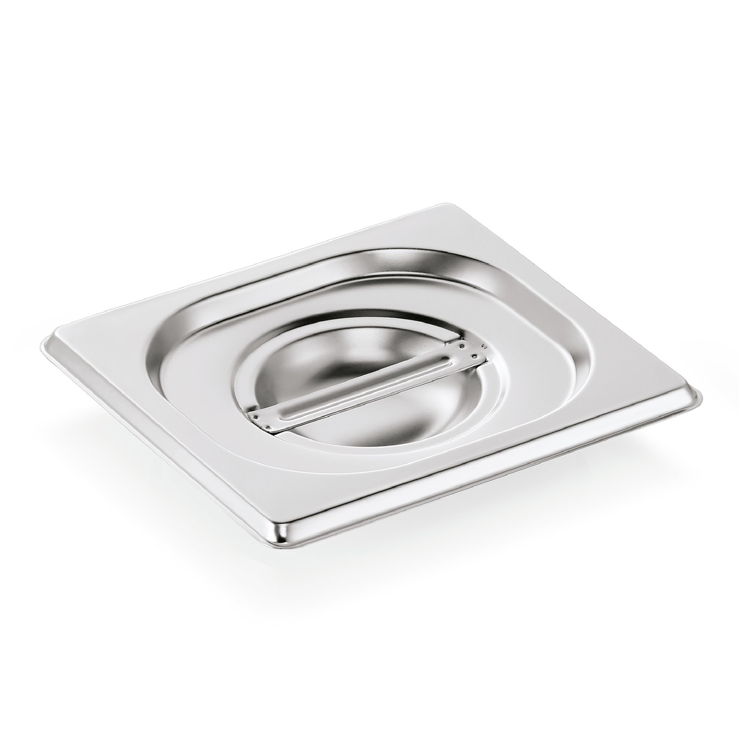 Edelstahl-Gastronorm-Behälterdeckel auf weißem Hintergrund.