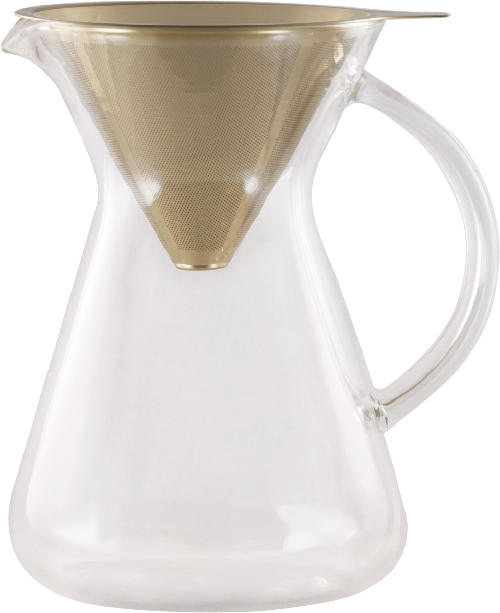 Glaskaraffe mit Metallsieb.