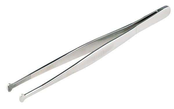 Silberne Küchenpinzette aus Metall.