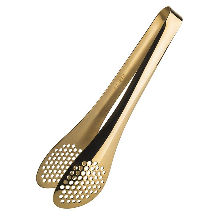 Goldene gelochte Servierzange aus Metall.