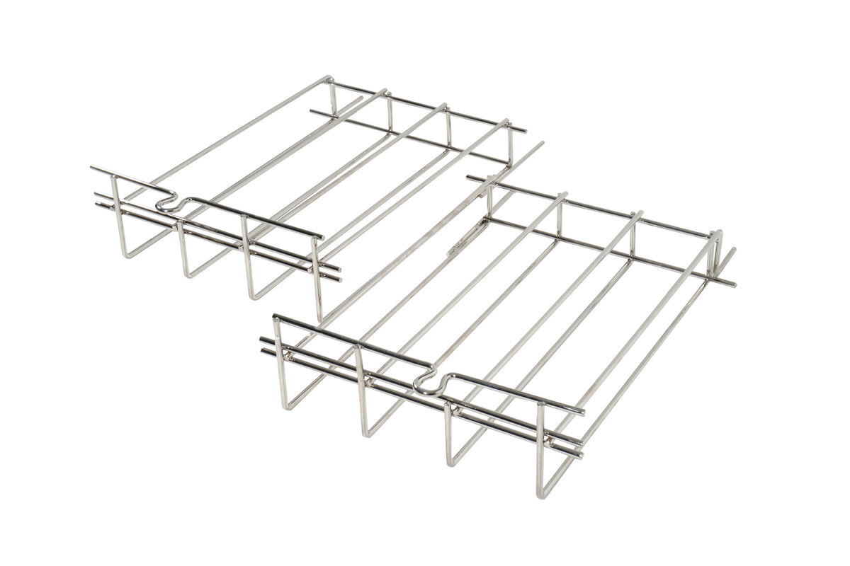 Zwei Edelstahl-Rippenhalter für Grill.