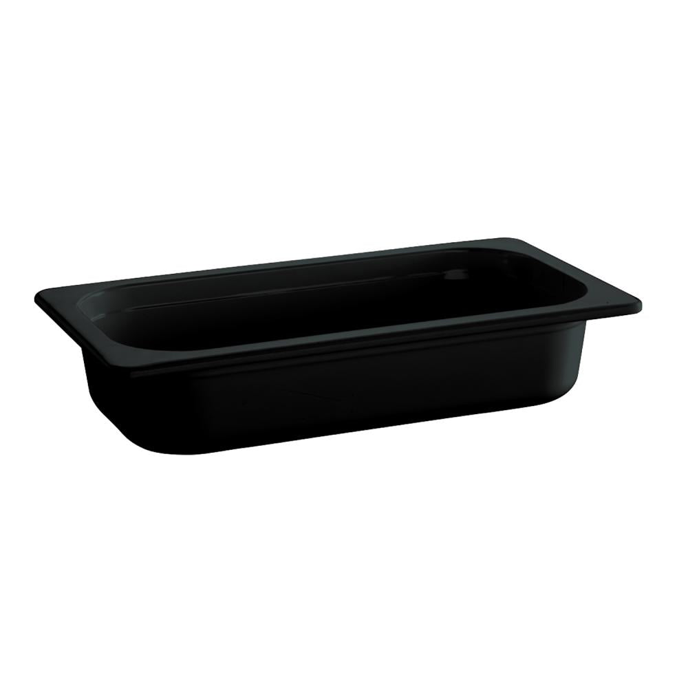 Schwarze GN-Behälter aus Kunststoff.