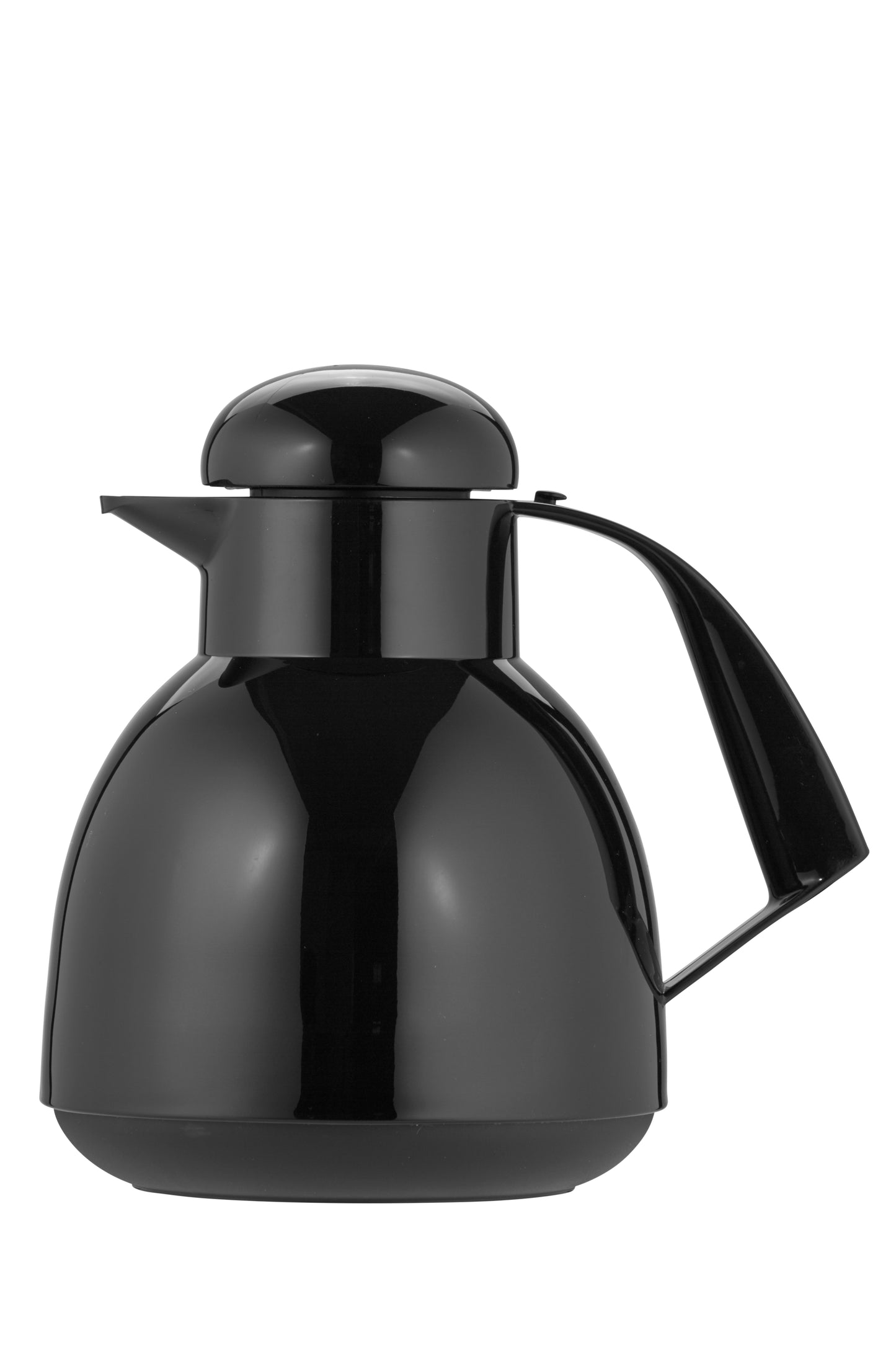 Schwarze Thermoskanne mit Henkel und Deckel.