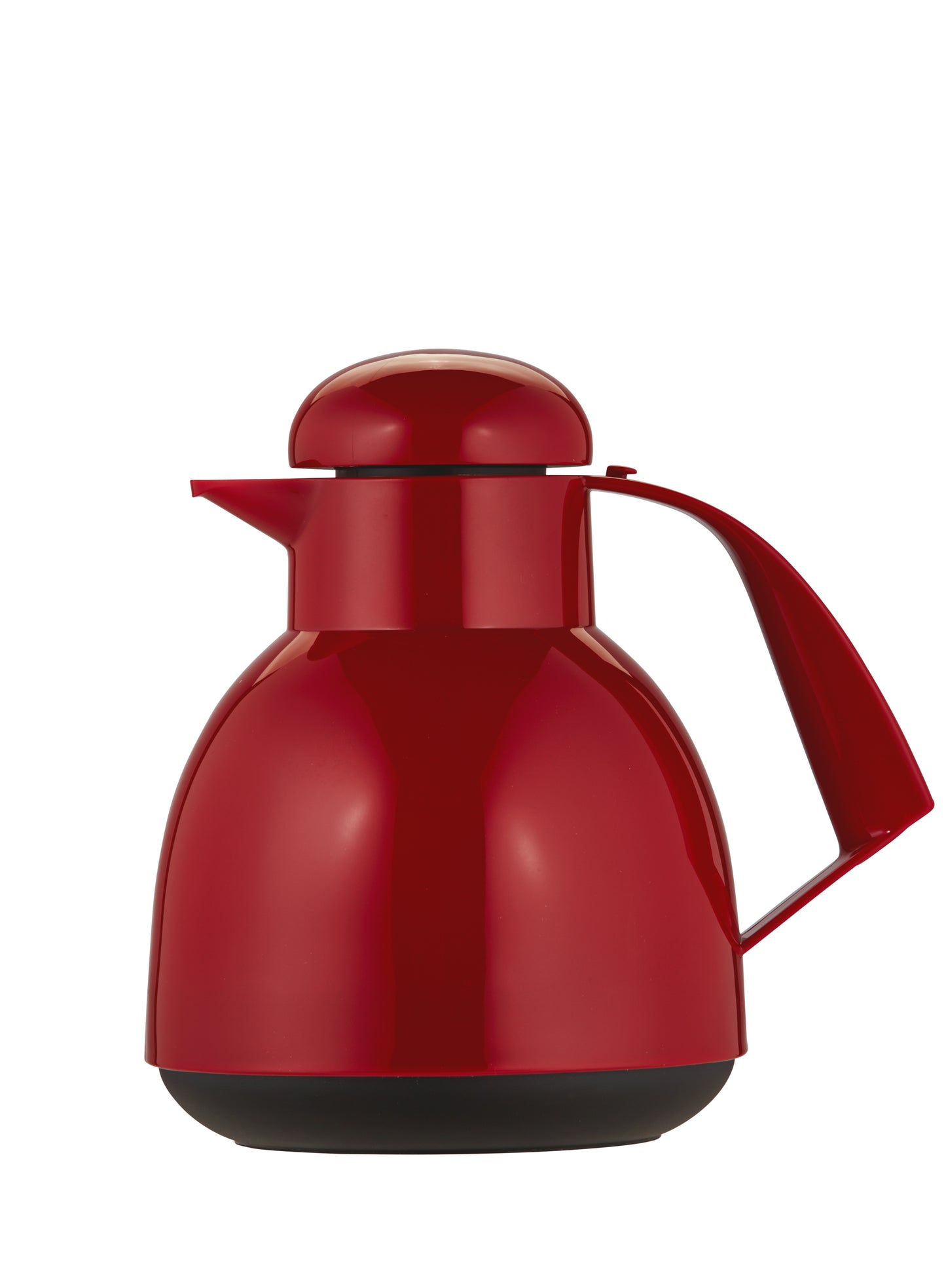 Rote Thermoskanne mit schwarzem Boden.