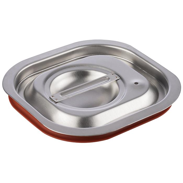 Edelstahl-Deckel mit rotem Rand.