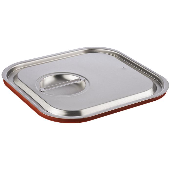 Edelstahl-Deckel mit rotem Rand.