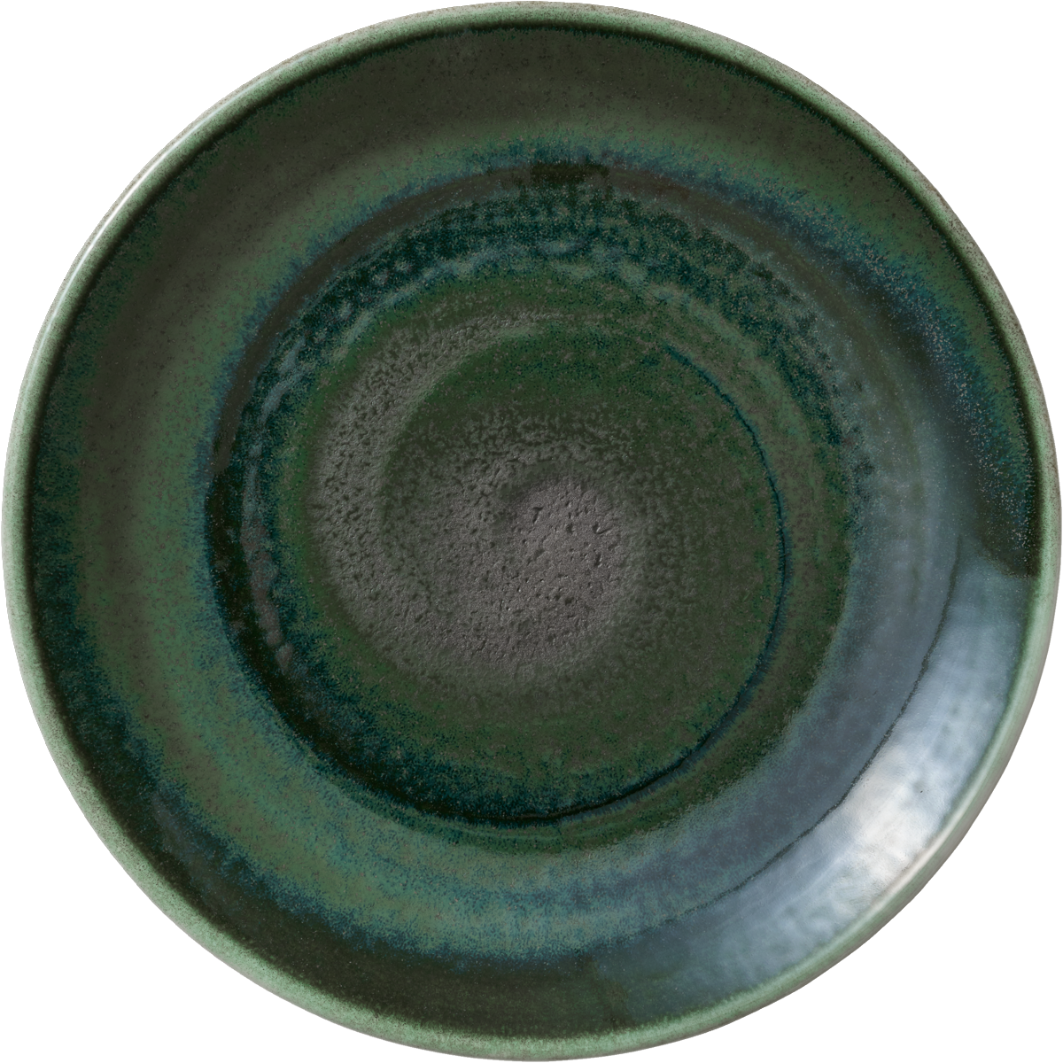 Grüner Teller mit spiralförmigem Muster.