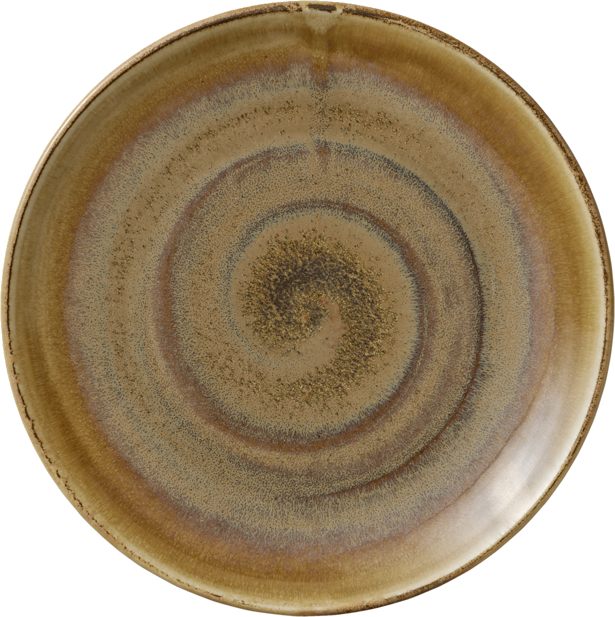 Brauner Teller mit Spiraldesign.