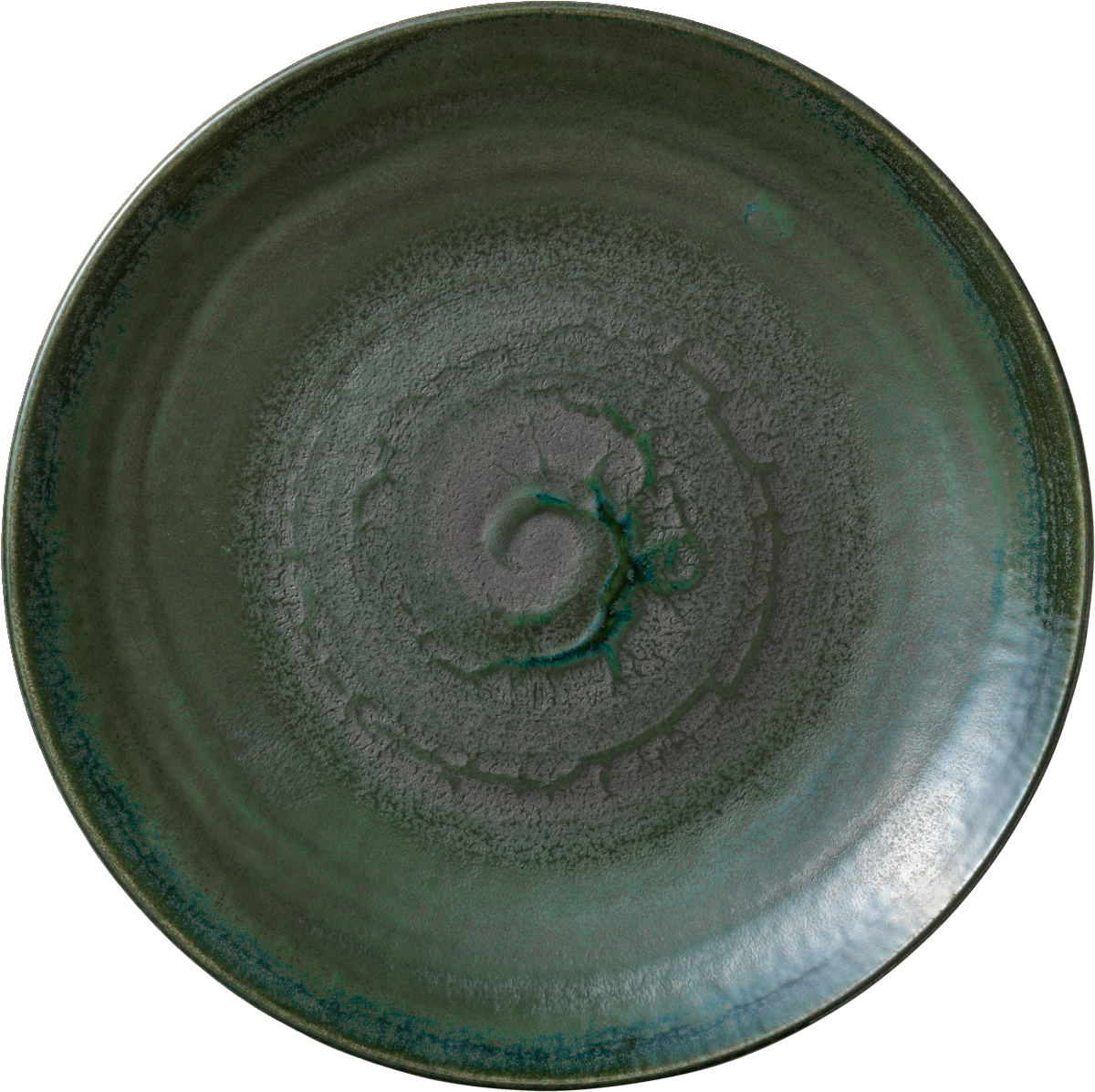 Grüner Teller mit Spiralmuster.