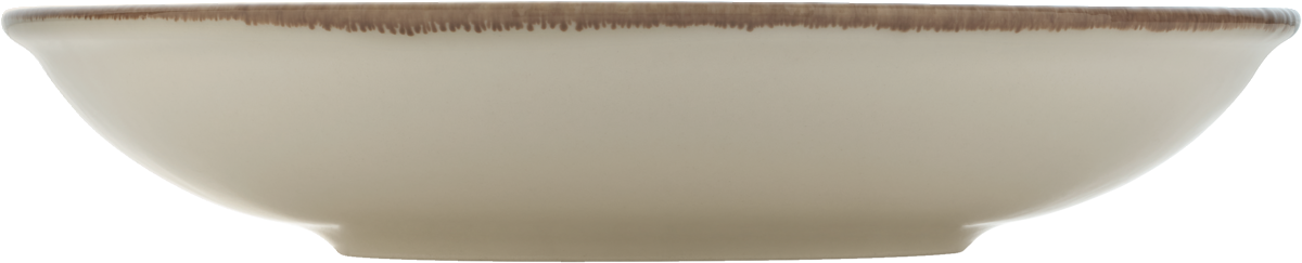 Tiefer Teller, beige, brauner Rand.
