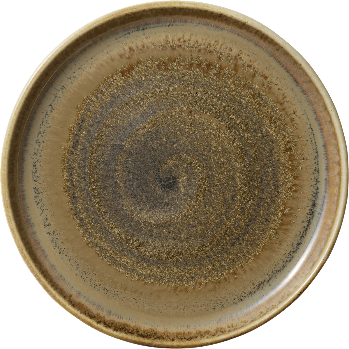 Brauner Teller mit Spiraldesign.