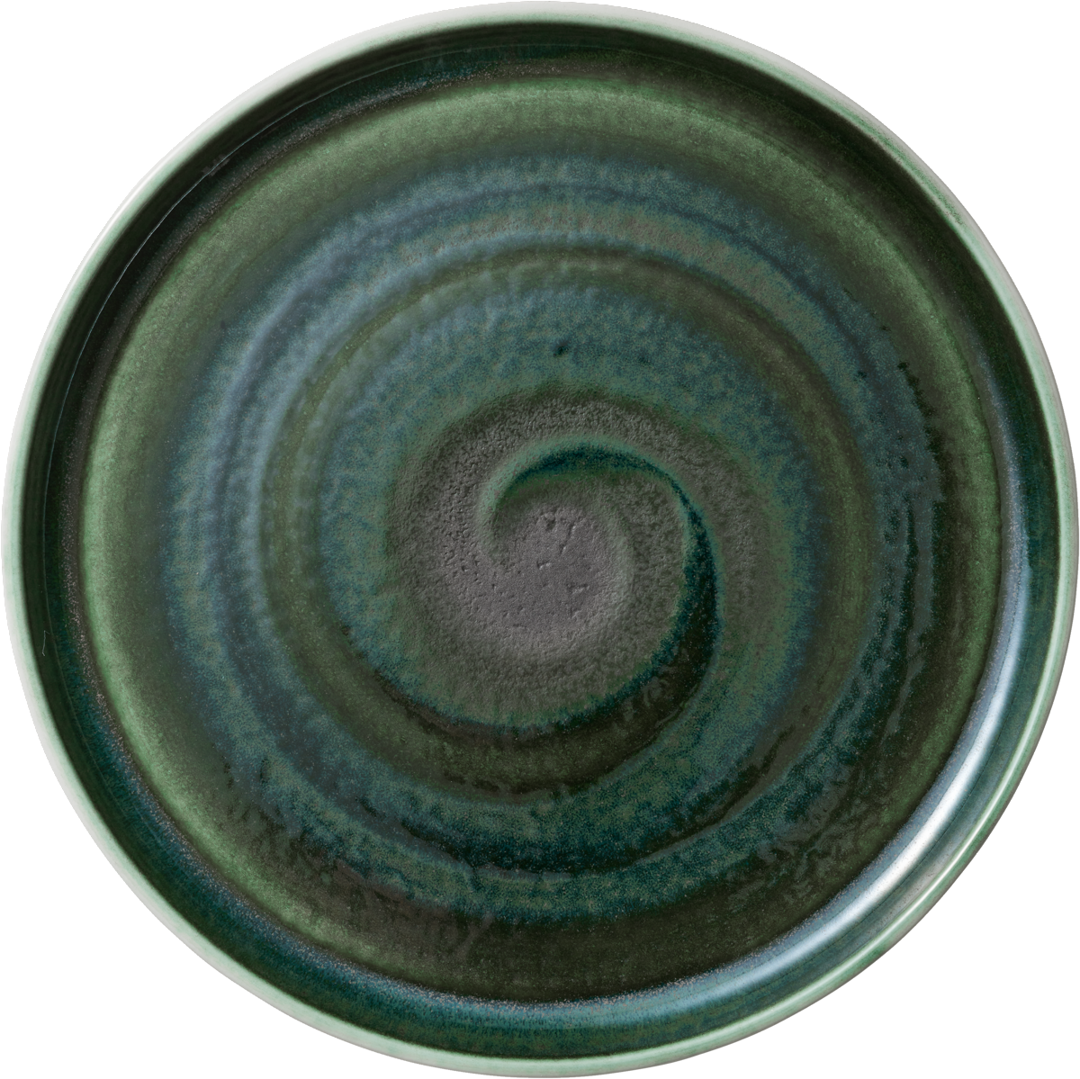 Grüner Teller mit Spiralmuster.