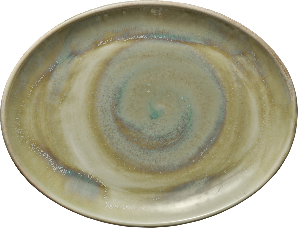 Ovaler, gemusterter Keramikteller, beige.